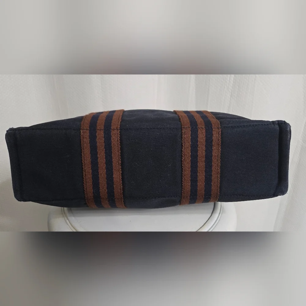 EUC Hermès Fourre-Tout Tote Bag – Navy Canvas with Brown Striped Handles w/COA
